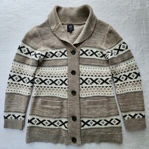 Shawl Collar Button-Front Fair Isle Sweater Cardigan - Beige/Cream